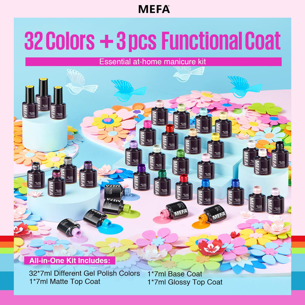 MEFA Neon Gel Nail Polish Set – 32 Colors with Matte/Glossy Base & Top Coat