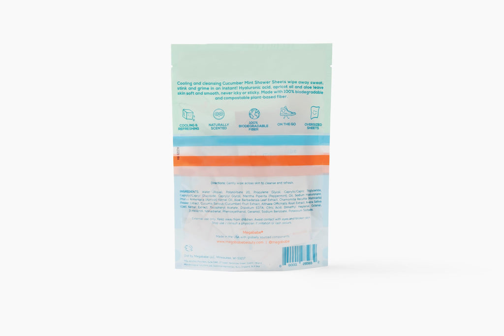 Megababe Cucumber Mint Shower Sheets – Individually Wrapped Body Cleansing Cloths (10 Wipes, Pack of 2)