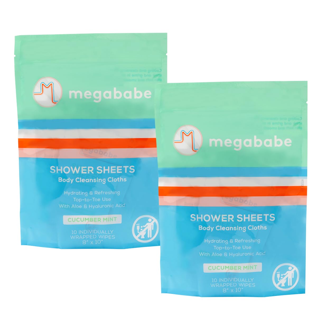 Megababe Cucumber Mint Shower Sheets – Individually Wrapped Body Cleansing Cloths (10 Wipes, Pack of 2)