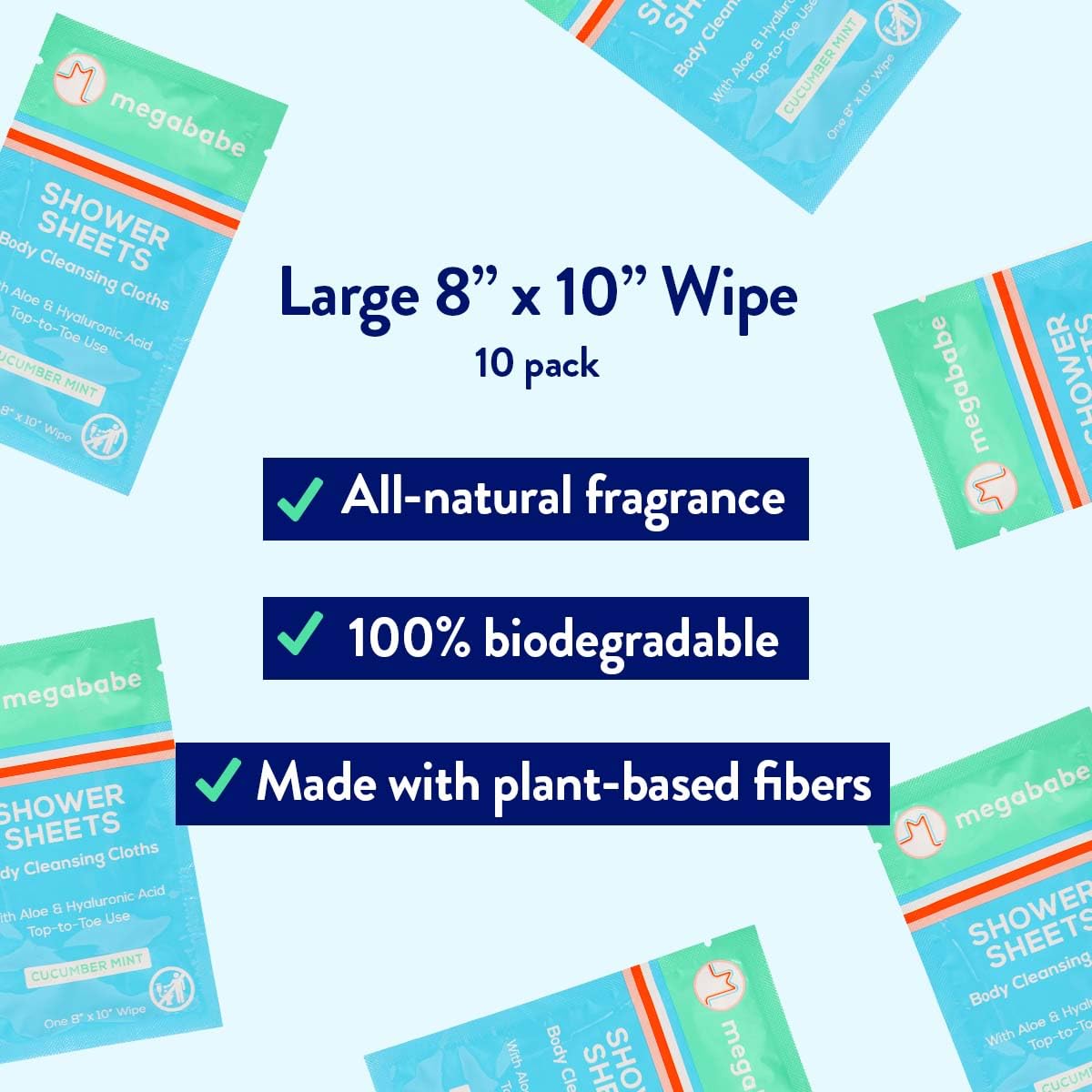 Megababe Cucumber Mint Shower Sheets – Individually Wrapped Body Cleansing Cloths (10 Wipes, Pack of 2)