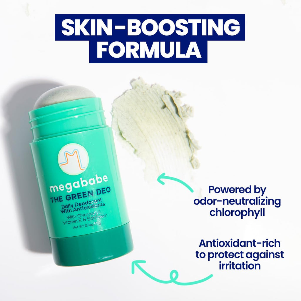 Megababe Daily Deodorant Green Deo – Aluminum-Free, All-Natural with Anti-Oxidants | Geranium & Lemon | 2.6 oz (Pack of 2)