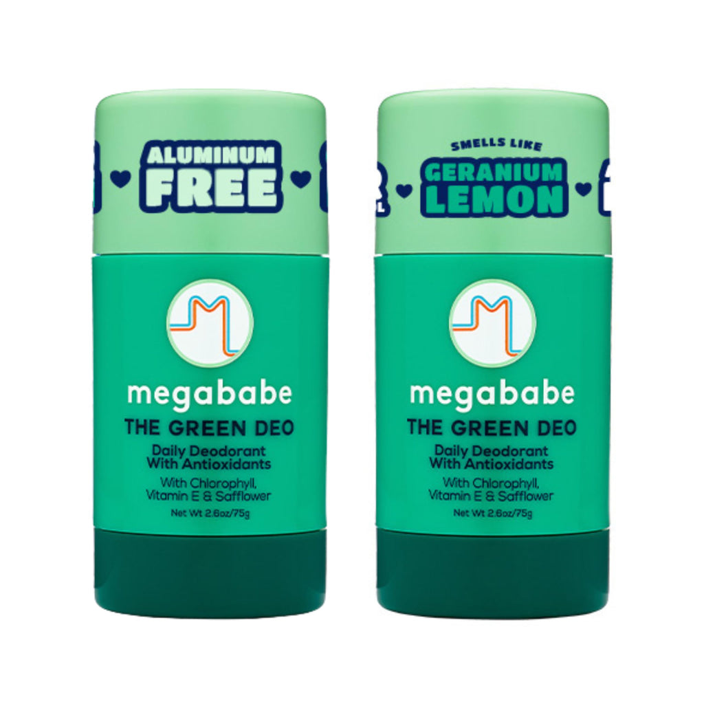 Megababe Daily Deodorant Green Deo – Aluminum-Free, All-Natural with Anti-Oxidants | Geranium & Lemon | 2.6 oz (Pack of 2)