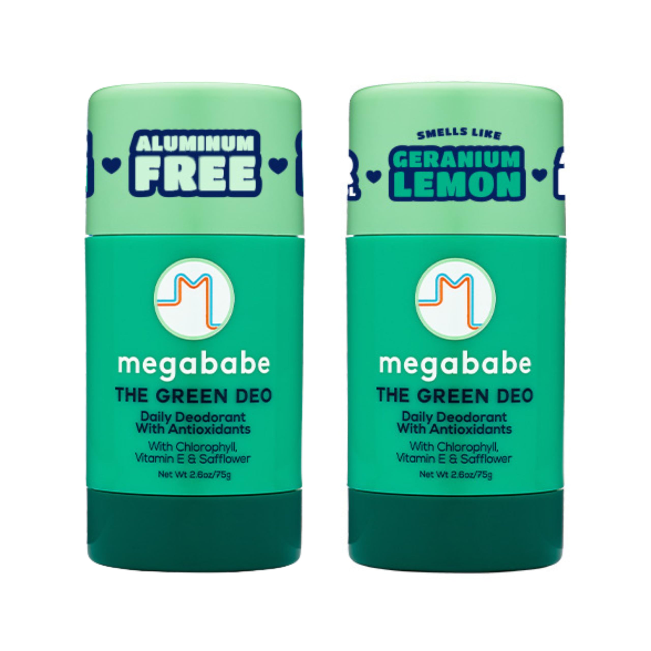 Megababe Daily Deodorant Green Deo – Aluminum-Free, All-Natural with Anti-Oxidants | Geranium & Lemon | 2.6 oz (Pack of 2)