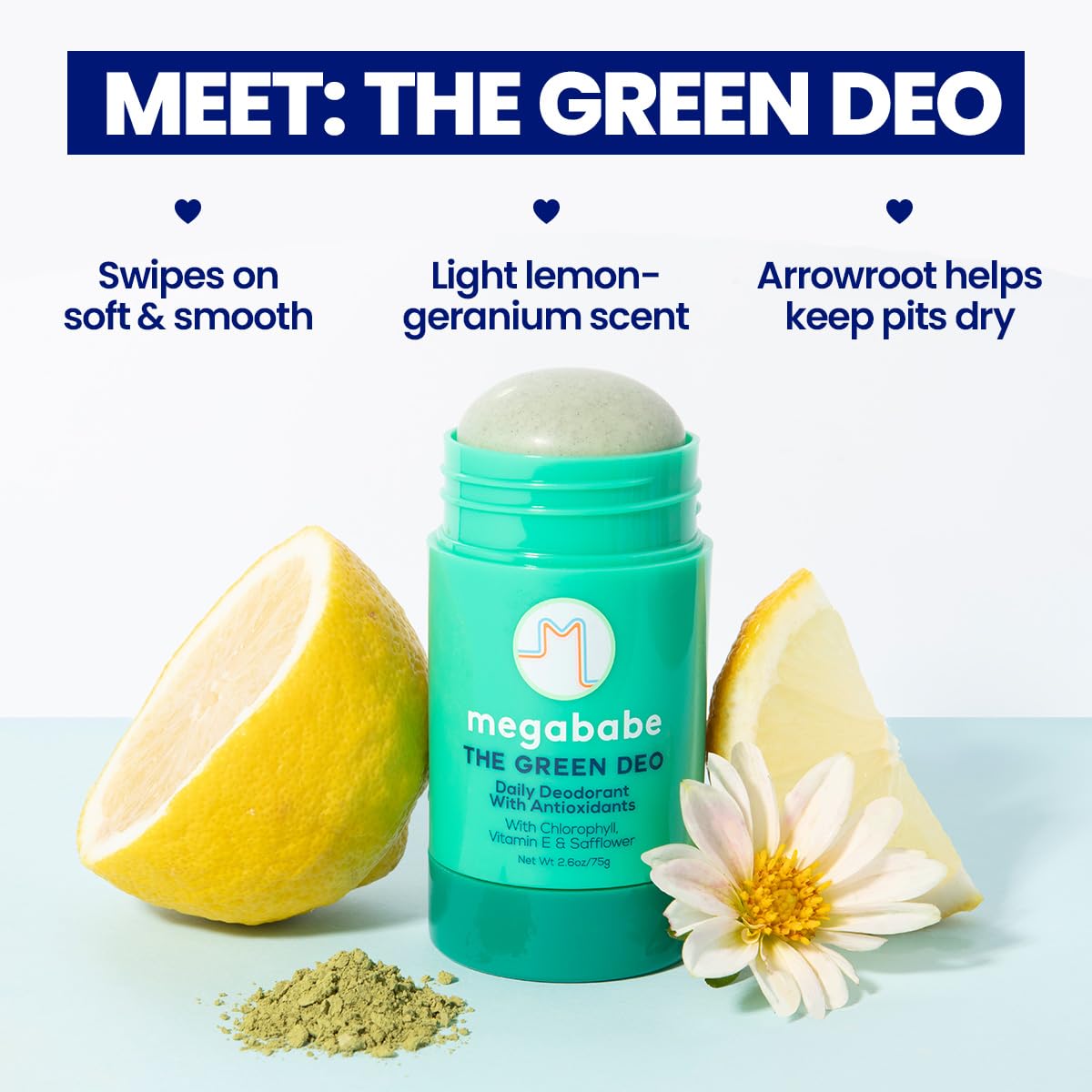 Megababe Daily Deodorant Green Deo – Aluminum-Free, All-Natural with Anti-Oxidants | Geranium & Lemon | 2.6 oz (Pack of 2)