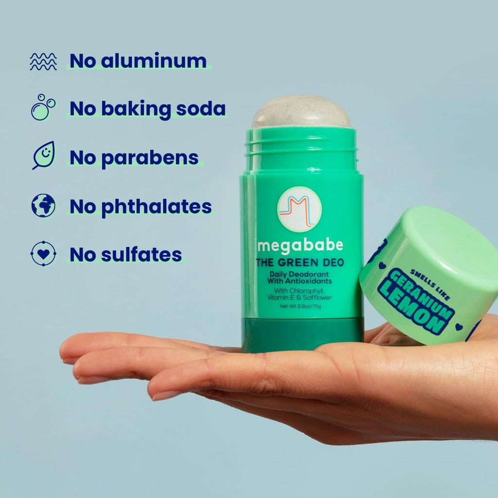 Megababe Daily Deodorant Green Deo – Aluminum-Free, All-Natural with Anti-Oxidants | Geranium & Lemon | 2.6 oz (Pack of 2)