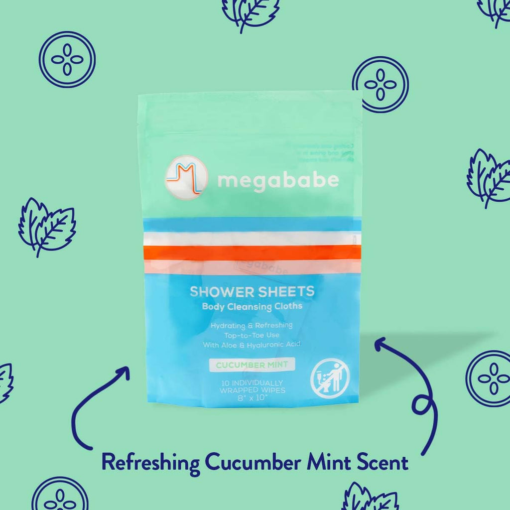 Megababe Cucumber Mint Shower Sheets – Individually Wrapped Body Cleansing Cloths (10 Wipes, Pack of 2)
