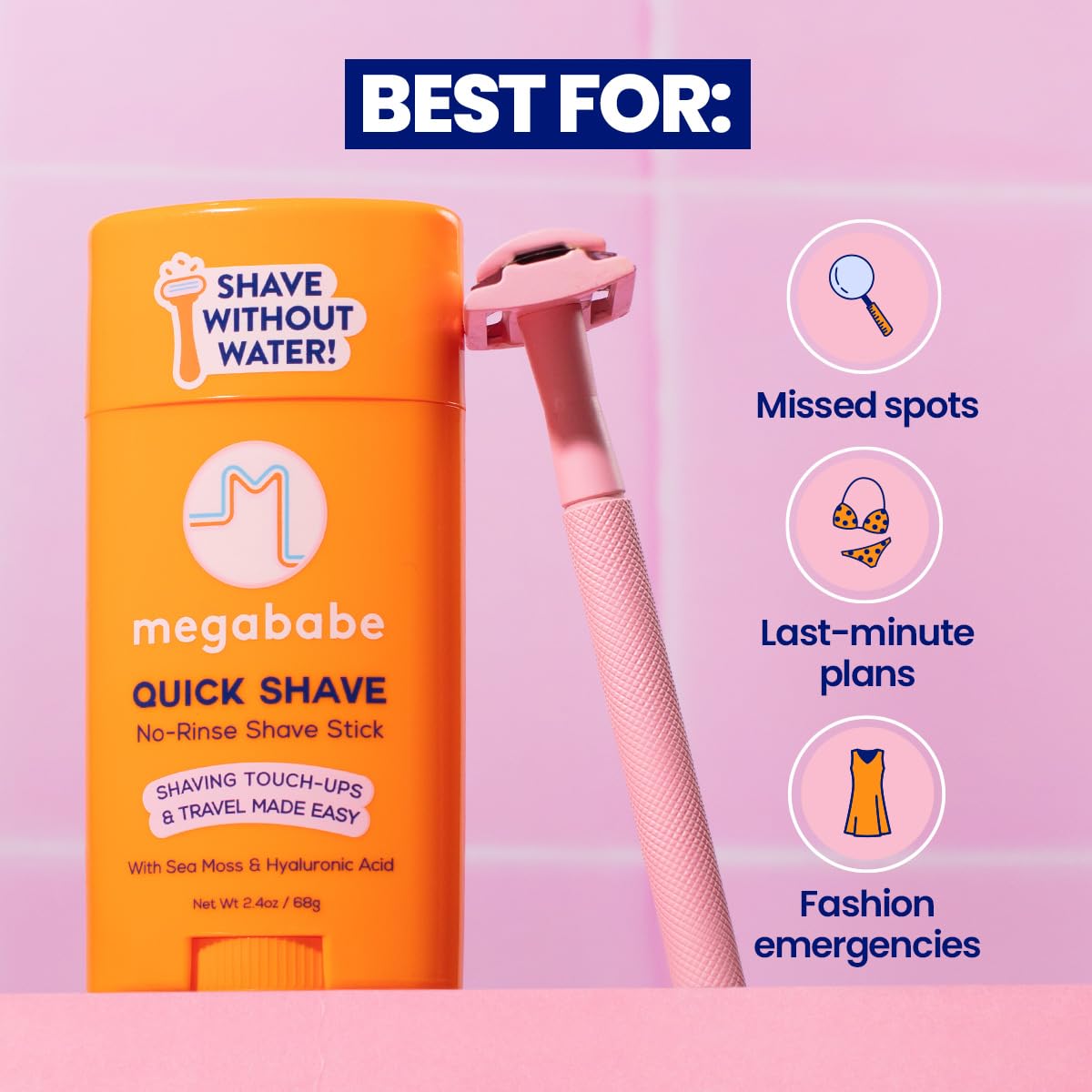 Megababe Quick Shave No-Rinse Shave Stick – Travel-Friendly Hydration & Touch-Ups (2.4 oz)