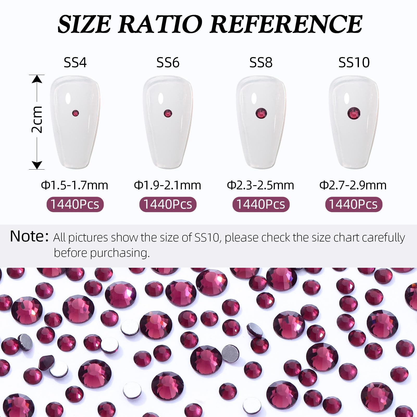 Meibite Purple Flatback Rhinestones – 1,440 Glass Gems for Nails & Crafts, SS6 1.9–2.0 mm