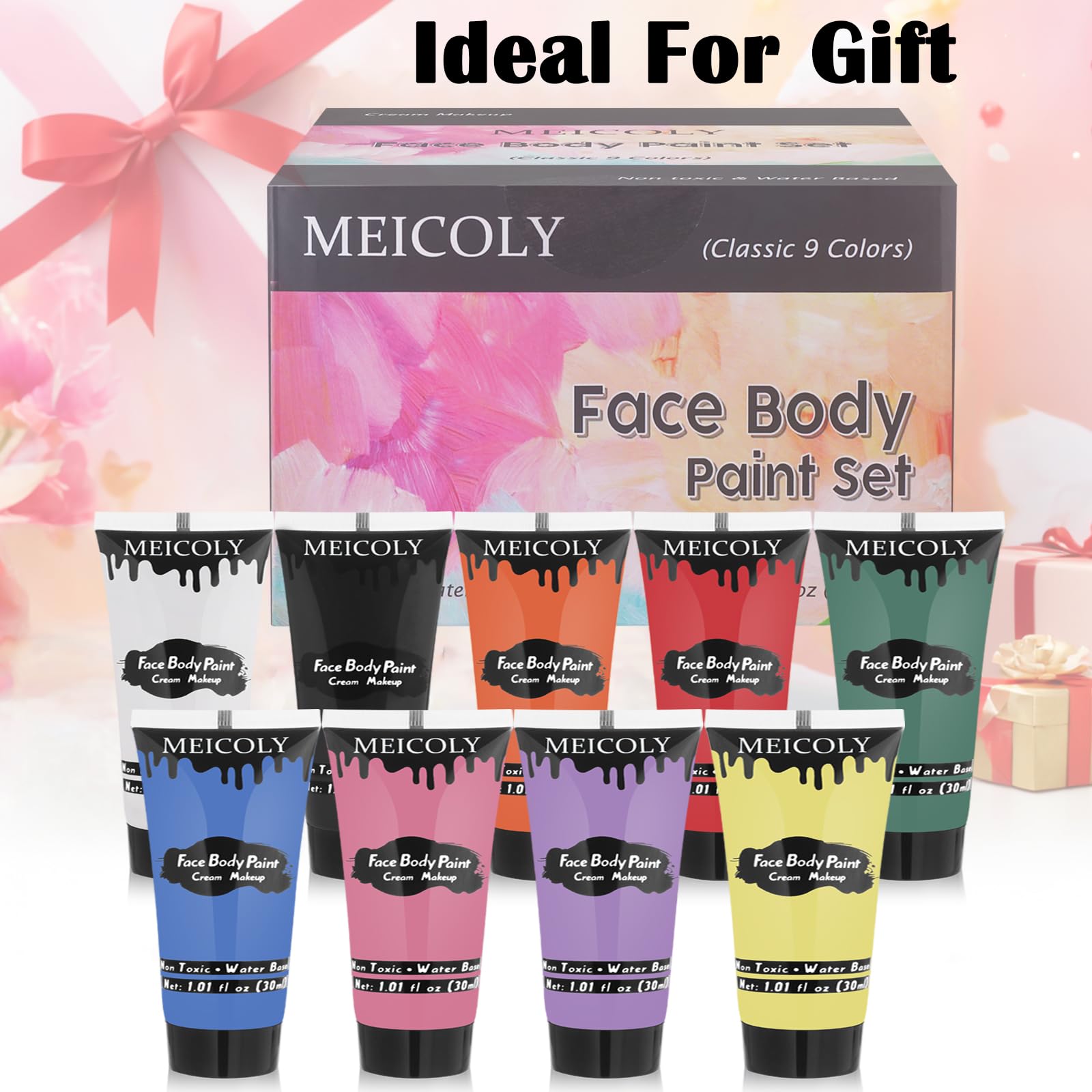 MEICOLY 9 Colors Face Body Paint Set – Water-Based, Washable 9x1.01 oz Box (Elphaba Green) for Halloween & Cosplay