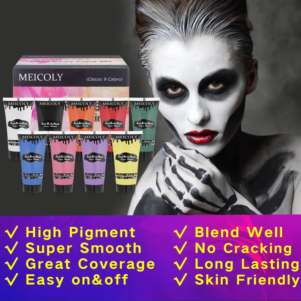 MEICOLY 9 Colors Face Body Paint Set – Water-Based, Washable 9x1.01 oz Box (Elphaba Green) for Halloween & Cosplay