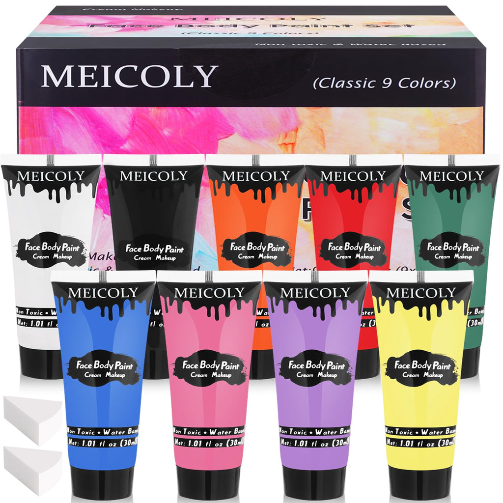 MEICOLY 9 Colors Face Body Paint Set – Water-Based, Washable 9x1.01 oz Box (Elphaba Green) for Halloween & Cosplay