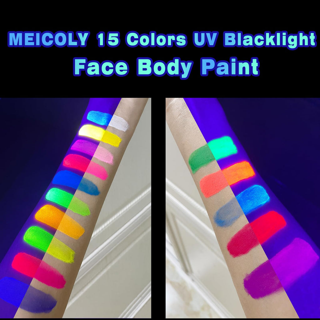 MEICOLY UV Blacklight Face Paint – 15 Neon Colors, Water-Based Glow Makeup