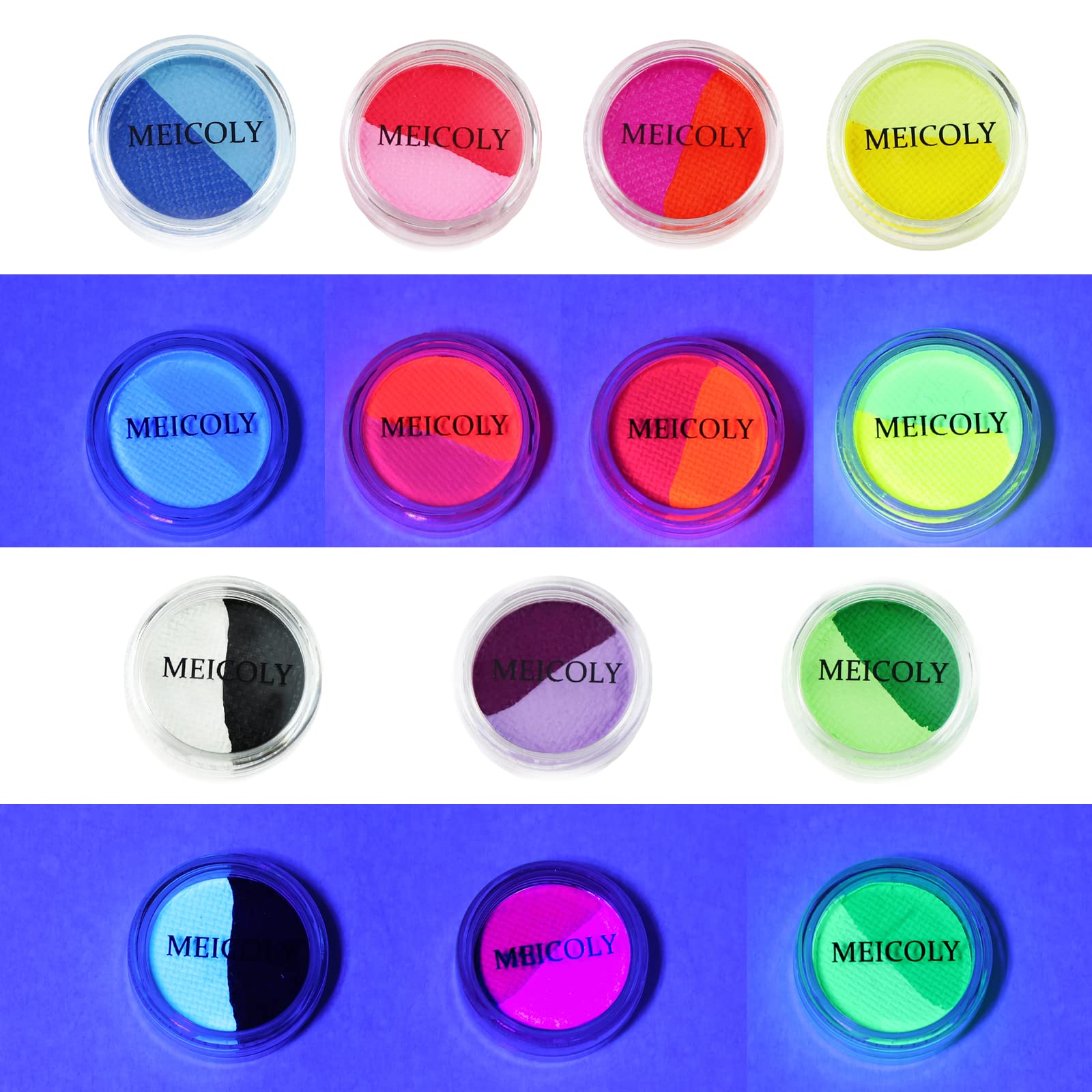 MEICOLY Water Activated Eye Liner – 14 Neon Colors, 7-Cake Duo, UV Glow