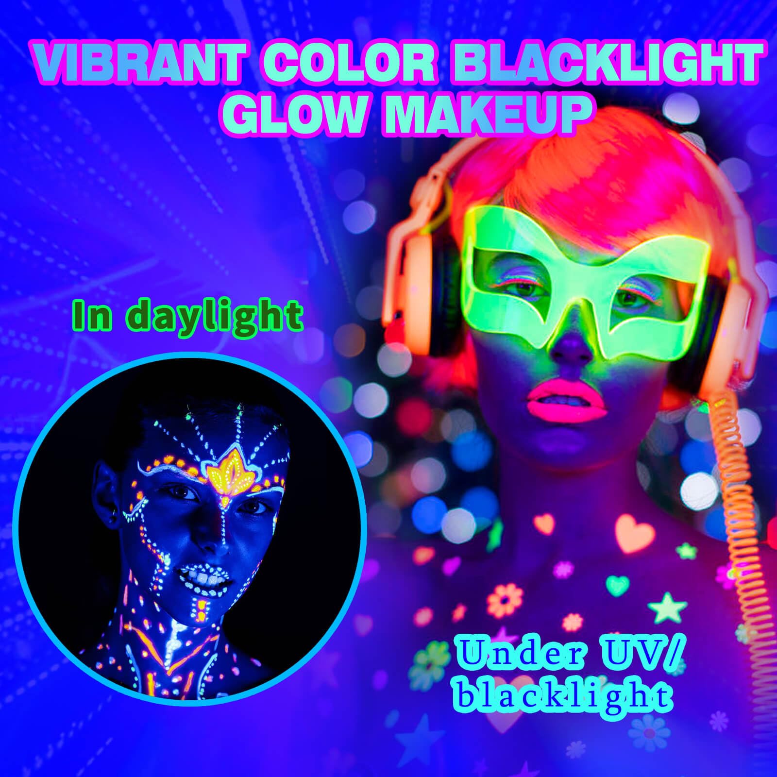 MEICOLY UV Blacklight Face Paint – 15 Neon Colors, Water-Based Glow Makeup