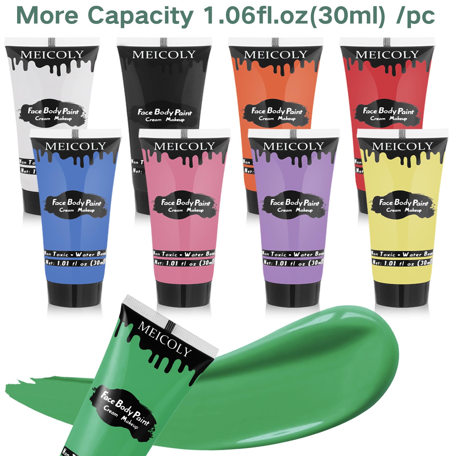 MEICOLY 9 Colors Face Body Paint Set – Water-Based, Washable 9x1.01 oz Box (Elphaba Green) for Halloween & Cosplay