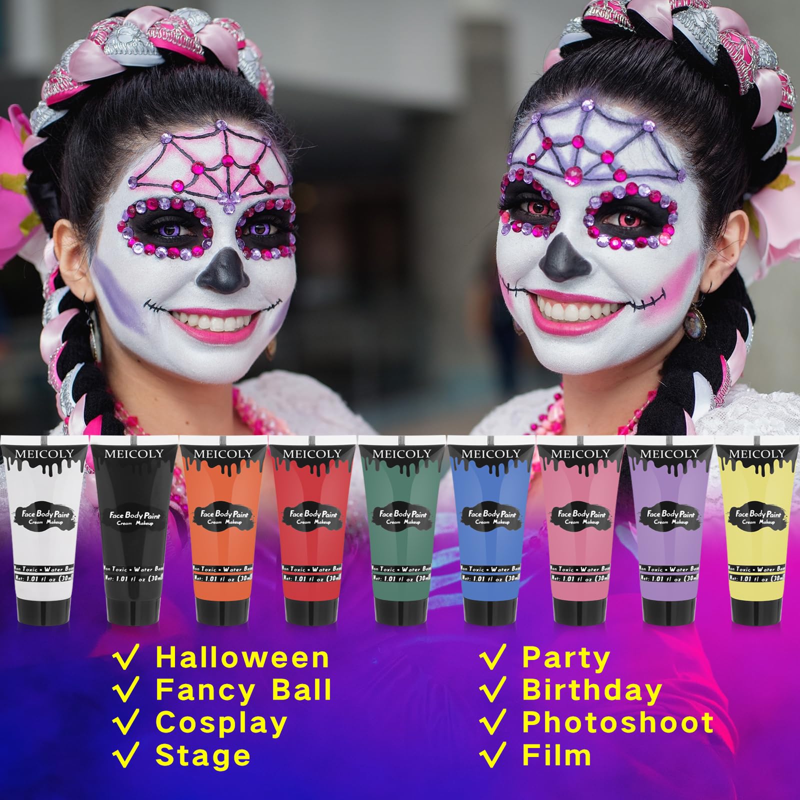 MEICOLY 9 Colors Face Body Paint Set – Water-Based, Washable 9x1.01 oz Box (Elphaba Green) for Halloween & Cosplay