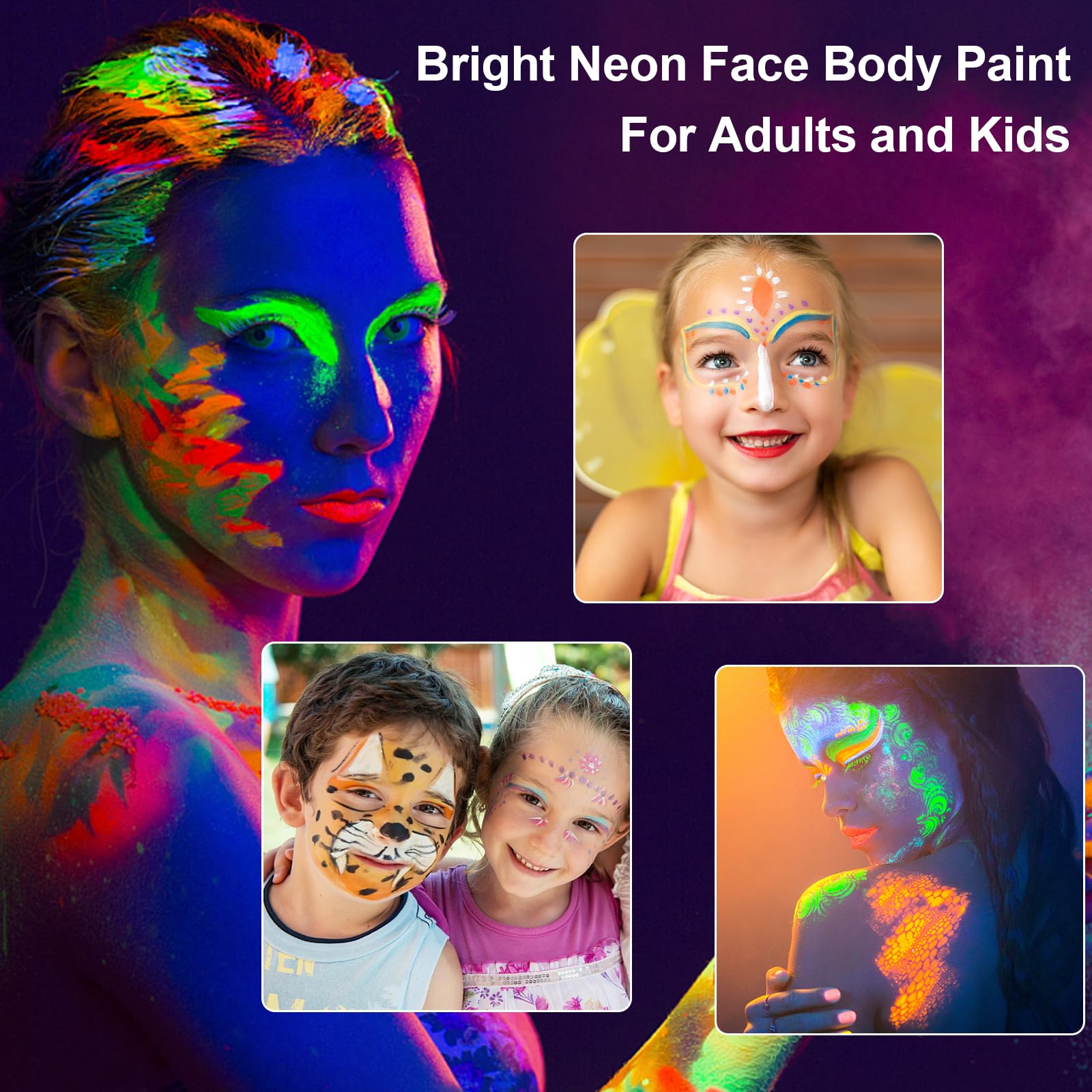 MEICOLY UV Blacklight Face Paint – 15 Neon Colors, Water-Based Glow Makeup