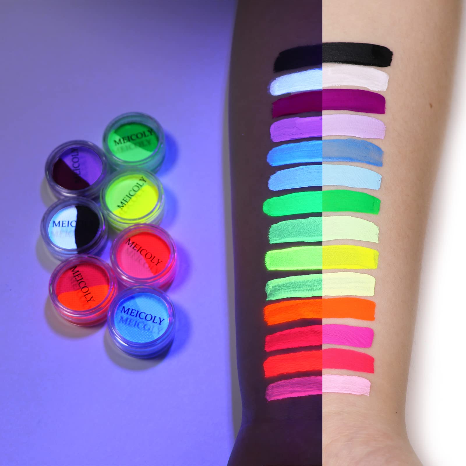 MEICOLY Water Activated Eye Liner – 14 Neon Colors, 7-Cake Duo, UV Glow