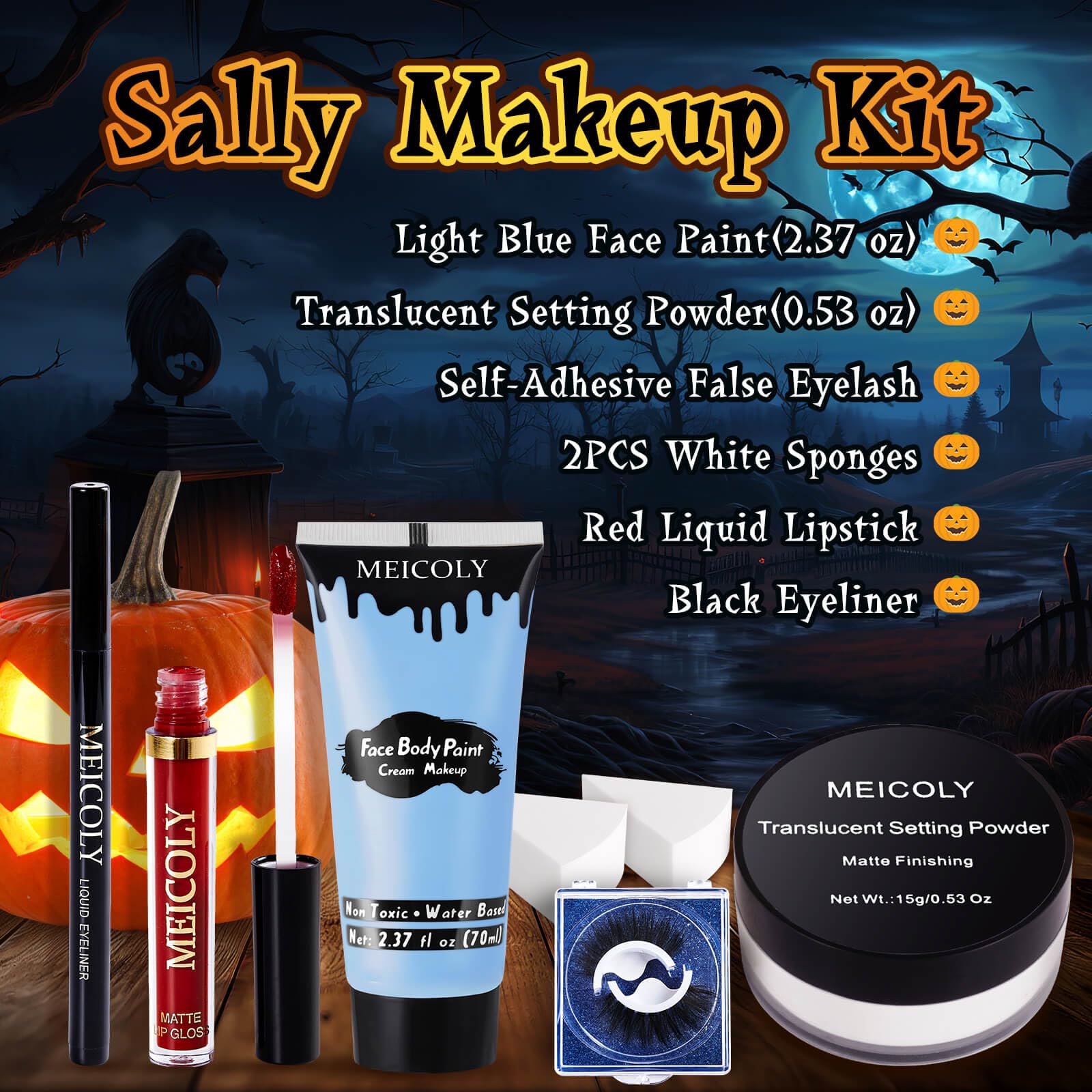 MEICOLY Sally Makeup Kit - Professional Sally Costume Makeup with Face Paint, Lipstick, Eyeliner & Setting Powder