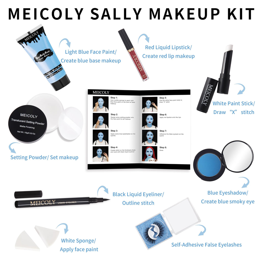 MEICOLY Sally Makeup Kit — Complete Sally Corpse Bride SFX Set for Halloween & Cosplay