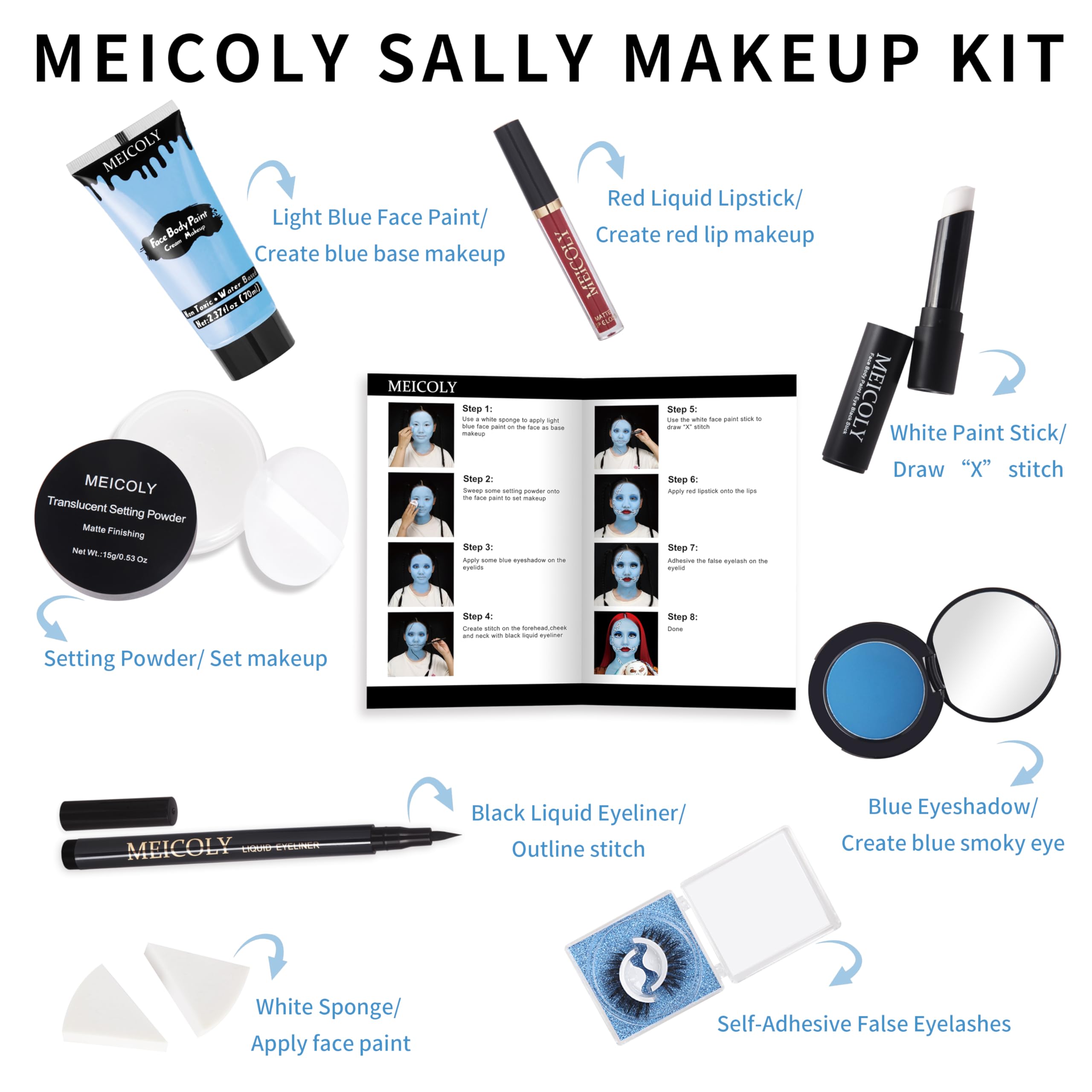 MEICOLY Sally Makeup Kit — Complete Sally Corpse Bride SFX Set for Halloween & Cosplay