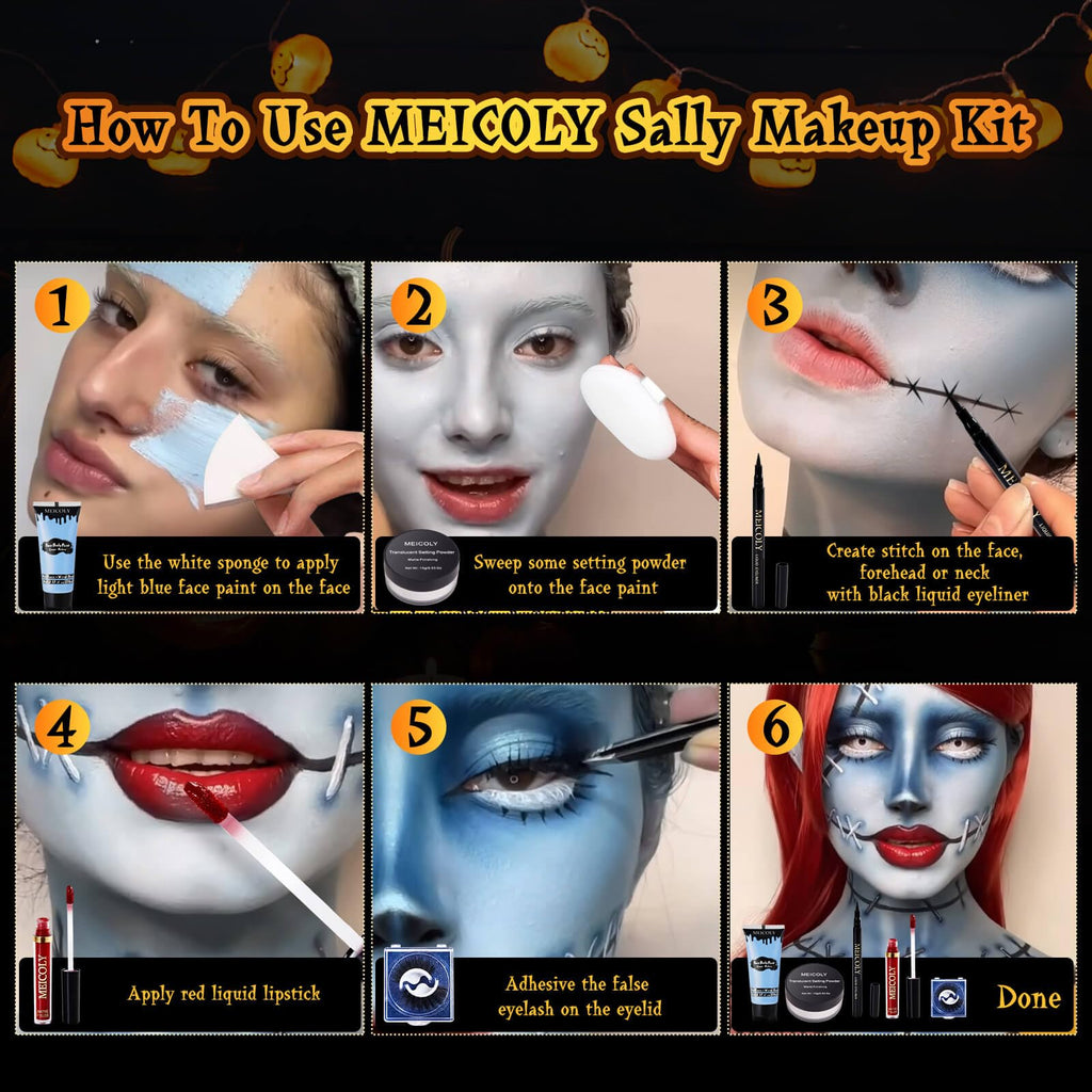 MEICOLY Sally Makeup Kit - Professional Sally Costume Makeup with Face Paint, Lipstick, Eyeliner & Setting Powder