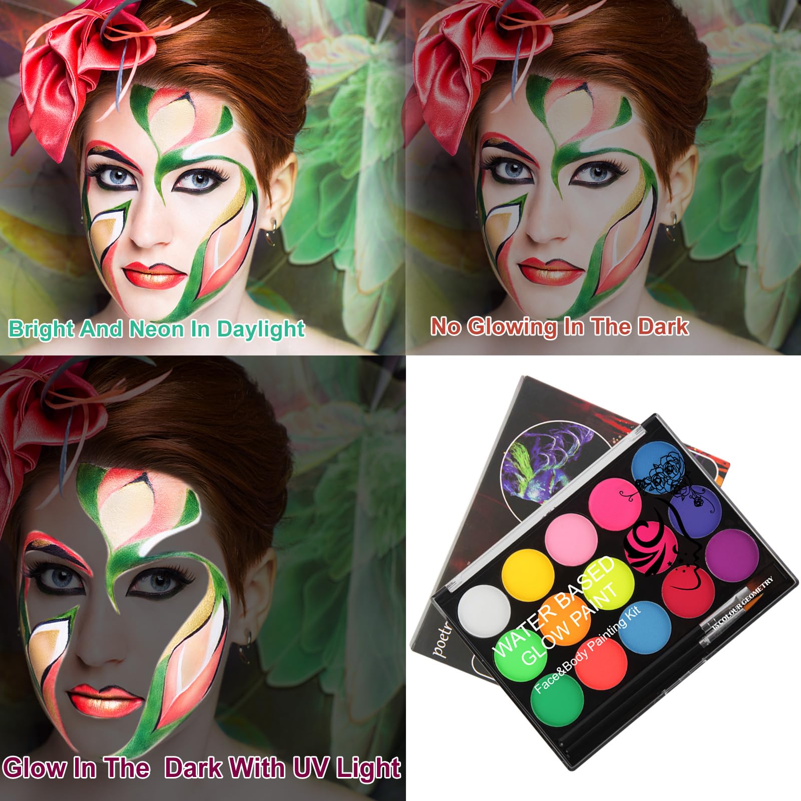 MEICOLY UV Blacklight Face Paint – 15 Neon Colors, Water-Based Glow Makeup