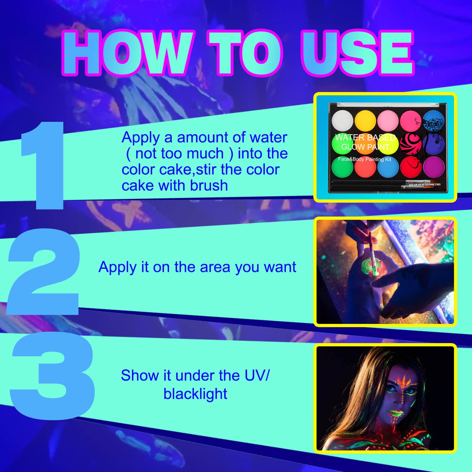 MEICOLY UV Blacklight Face Paint – 15 Neon Colors, Water-Based Glow Makeup