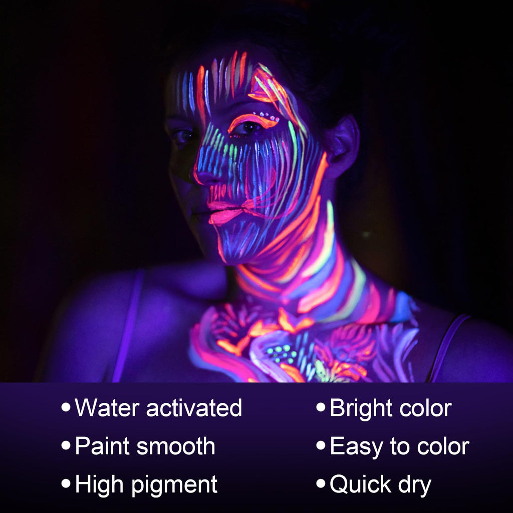 MEICOLY UV Blacklight Face Paint – 15 Neon Colors, Water-Based Glow Makeup