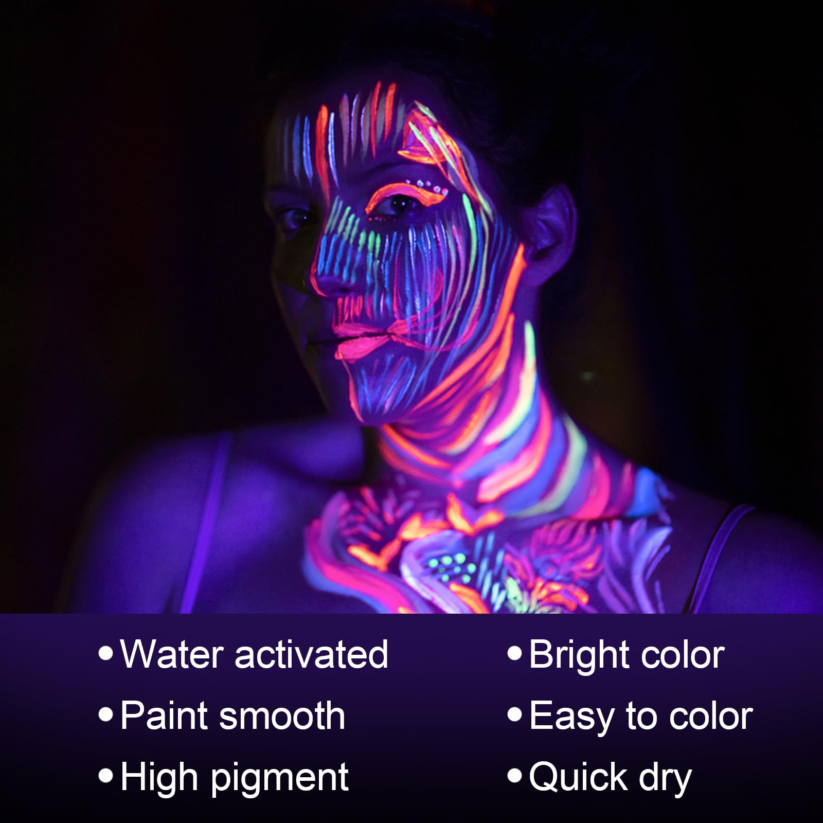 MEICOLY UV Blacklight Face Paint – 15 Neon Colors, Water-Based Glow Makeup
