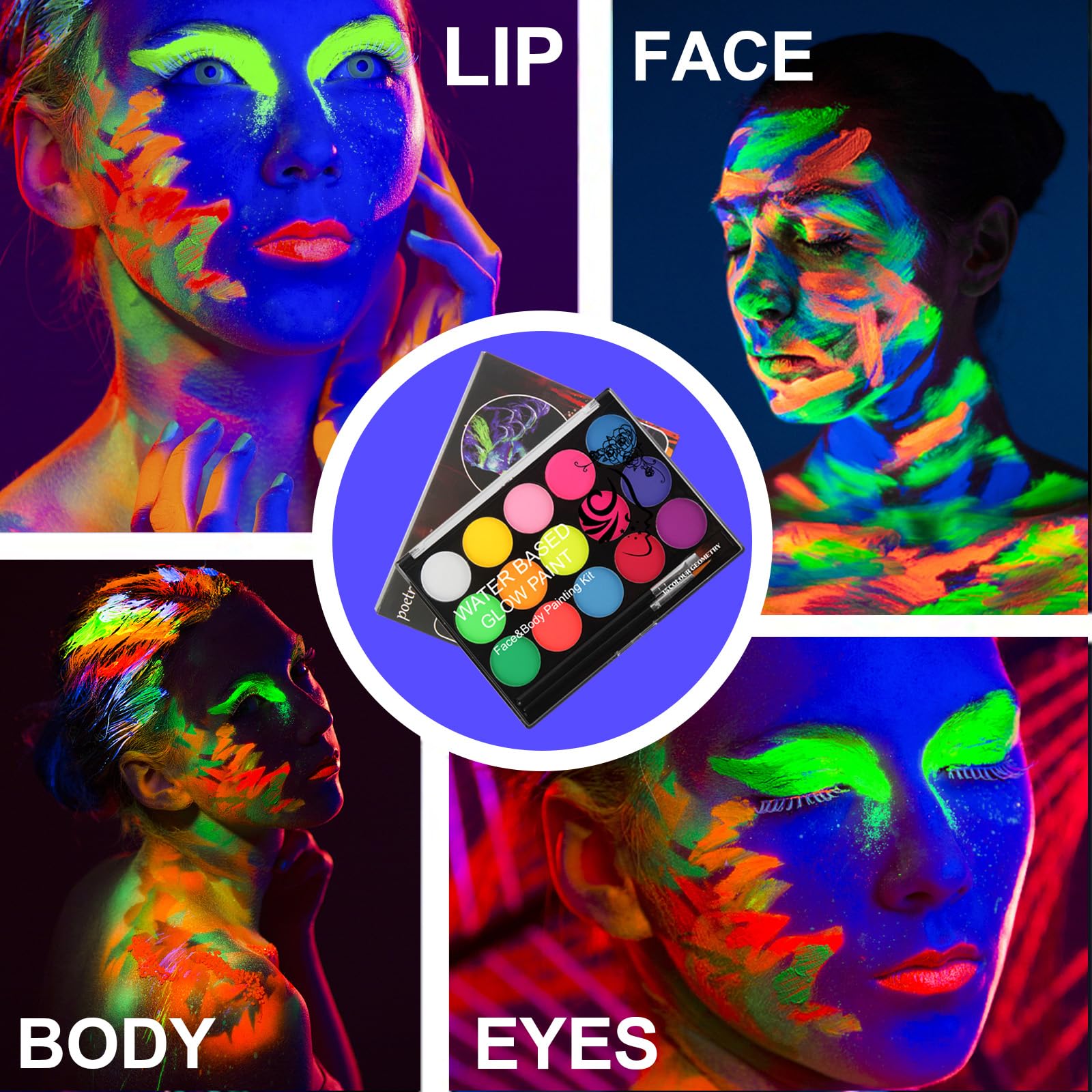 MEICOLY UV Blacklight Face Paint – 15 Neon Colors, Water-Based Glow Makeup