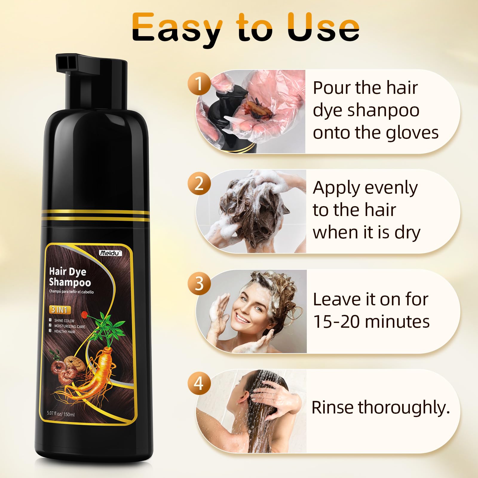 MEIDU Dark Brown Hair Dye Shampoo 3-in-1 for Women & Men – Semi-Permanent Color, 2–3 Weeks (5.07 oz)