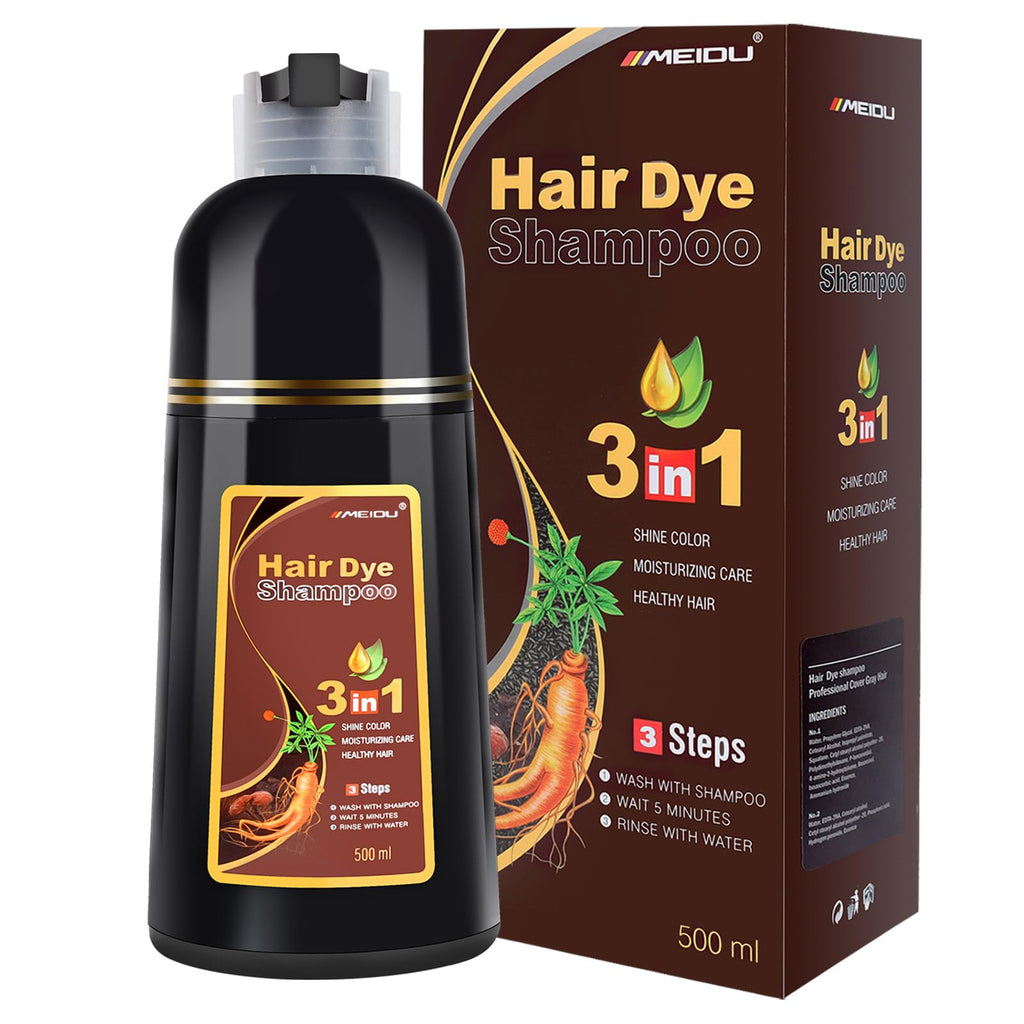 MEIDU Chestnut Brown Hair Dye Shampoo 3-in-1 for Gray Hair | Herbal Color, Shampoo & Conditioner