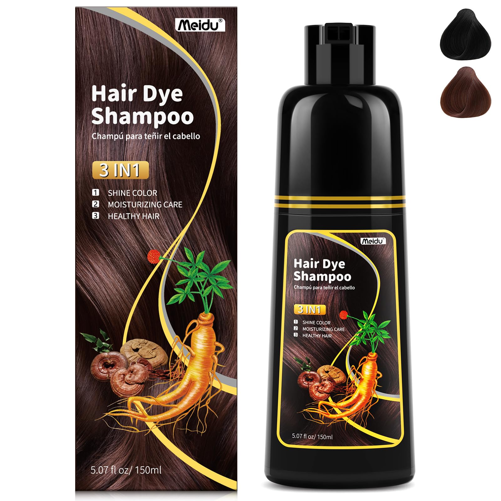 MEIDU Dark Brown Hair Dye Shampoo 3-in-1 for Women & Men – Semi-Permanent Color, 2–3 Weeks (5.07 oz)