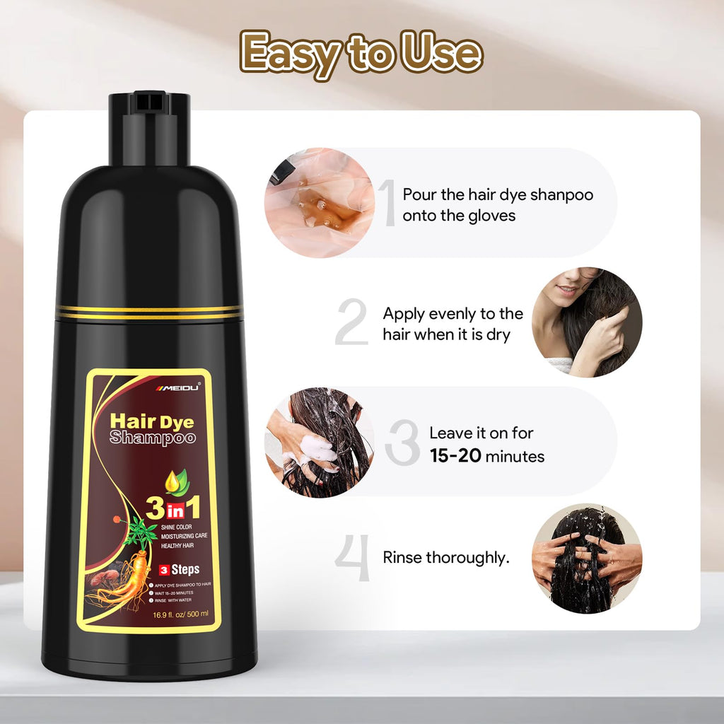 MEIDU 3-in-1 Hair Dye Shampoo for Gray Hair – Dark Brown, Herbal Natural (500ml)
