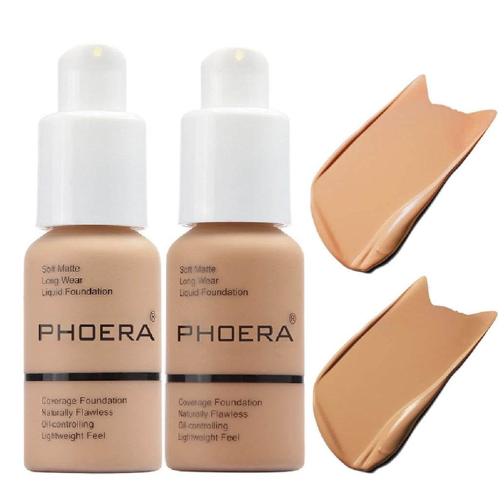 Meifen 2 Pack PHOERA Foundation 104 Buff Beige & 105 Sand – Full Coverage, Soft Matte, Waterproof