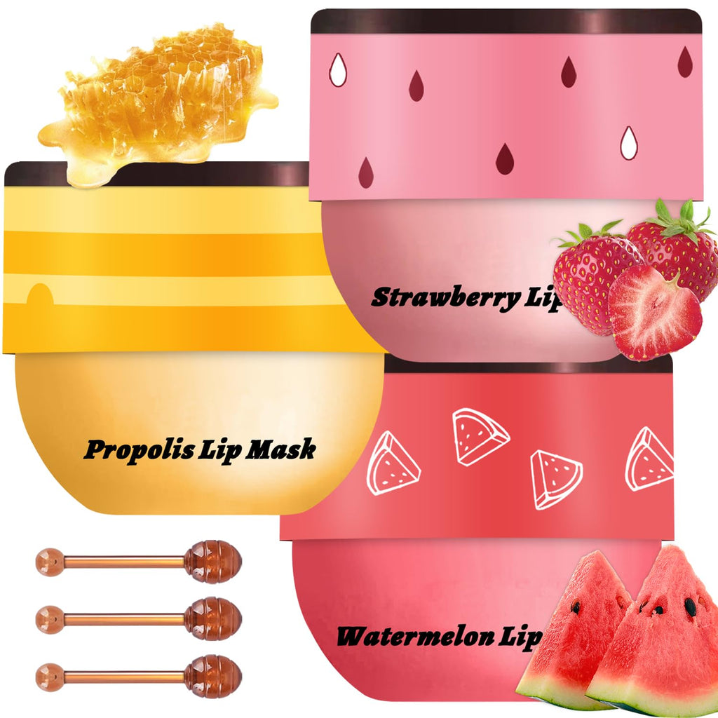 Meilury 3 Pcs Bee Lip Balm Honey Pot – Overnight Lip Mask Set (Honey, Strawberry, Watermelon)