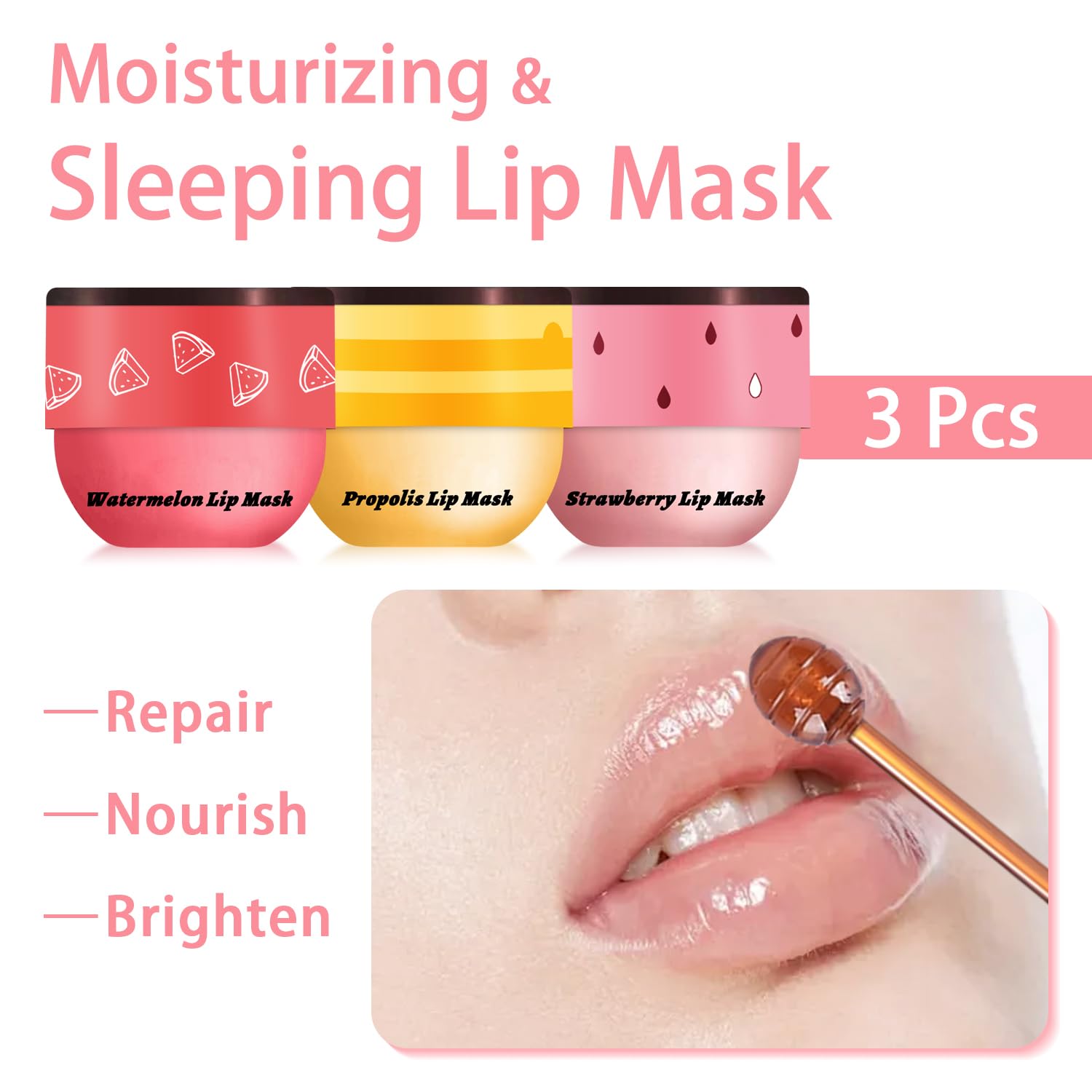 Meilury 3 Pcs Bee Lip Balm Honey Pot – Overnight Lip Mask Set (Honey, Strawberry, Watermelon)