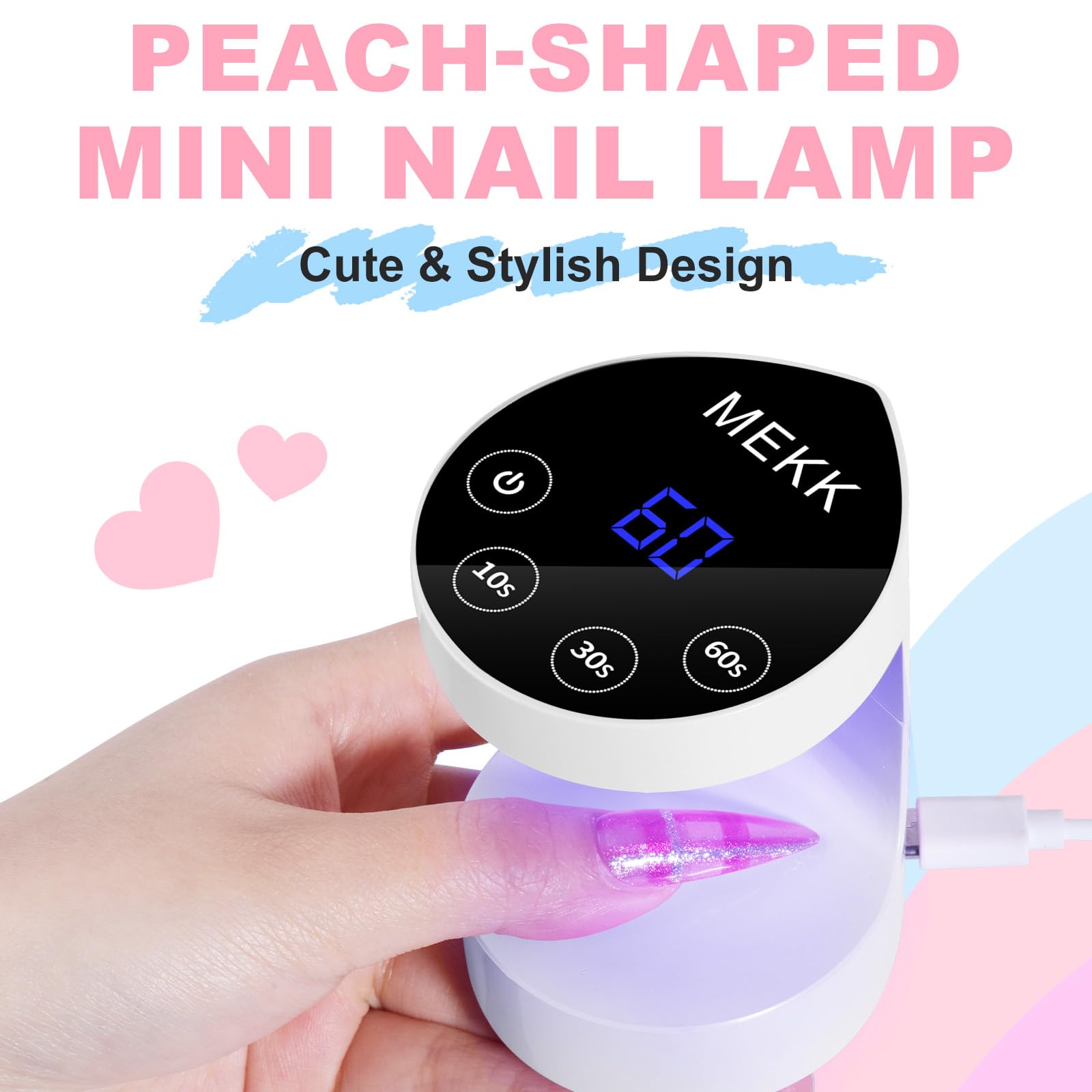 MEKK Mini UV Light for Nails – Peach Shape, Auto-Sensor, 8 Beads, 4 Timers, Travel-Ready