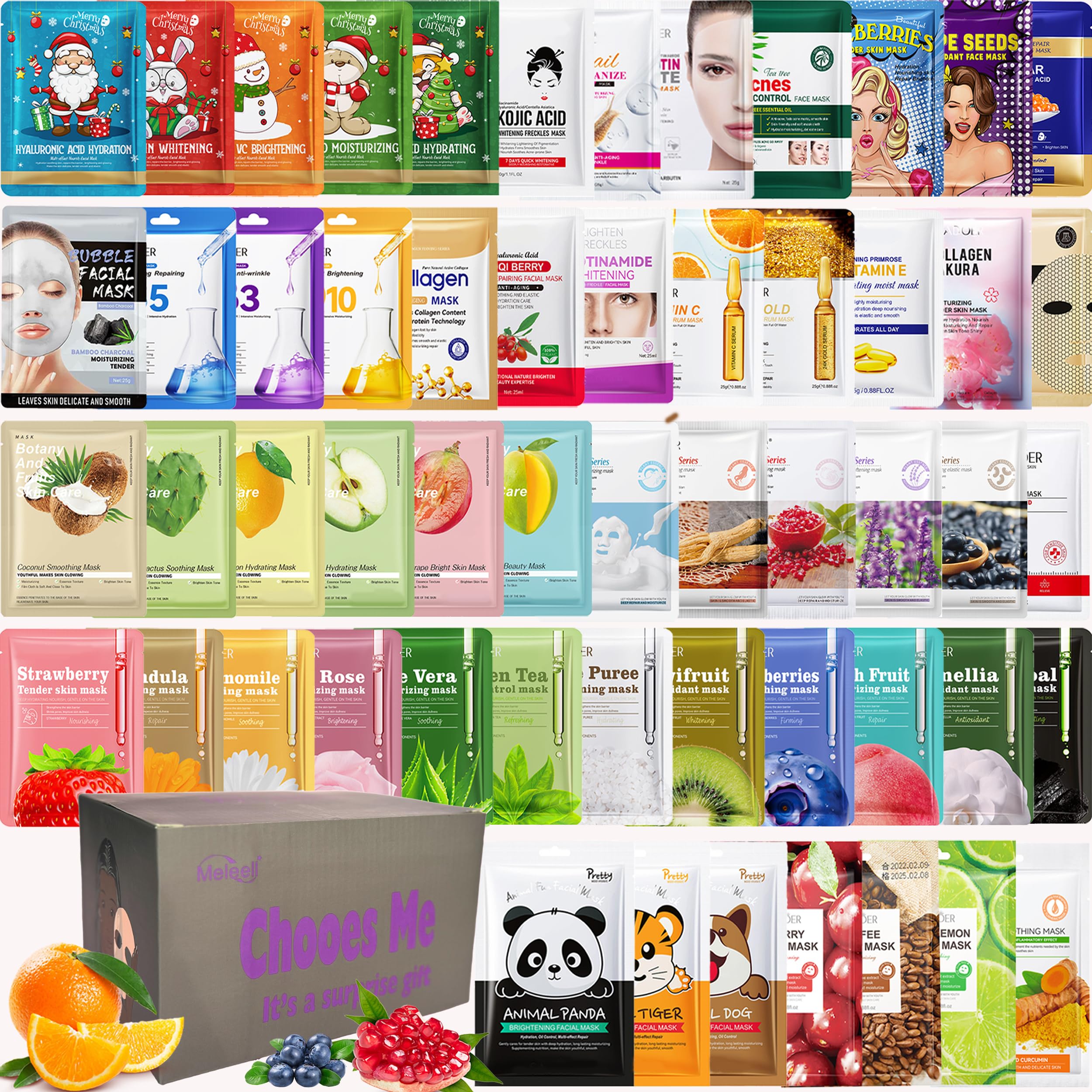 Meleell 55-Pack Collagen Face Masks – Variety Sheet Masks Gift Box for Women, Teens & Spa Lovers