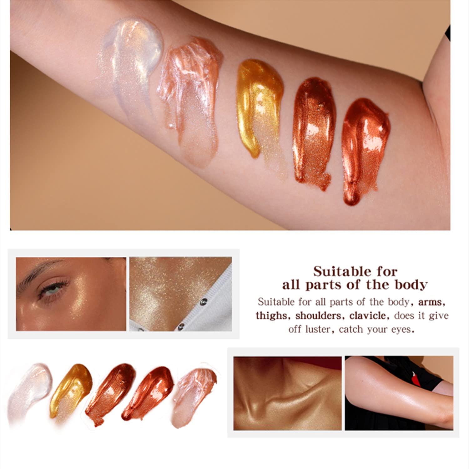 Melemando Shimmer Body Luminizer Bronze Gold – 5-Color Waterproof Highlighter for Face & Body (80 ml)