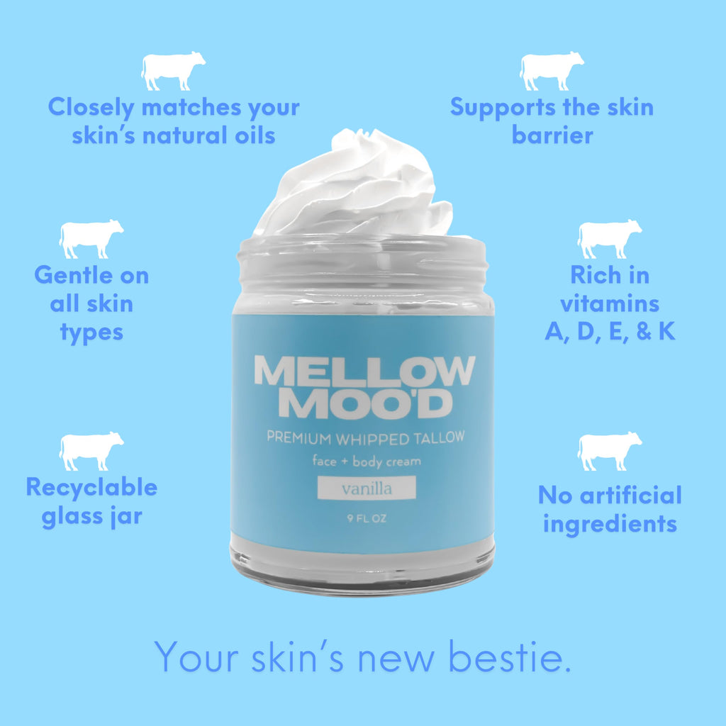 Mellow Moo'd Whipped Beef Tallow Cream — Face & Body, 9 oz, Unscented, Made in USA