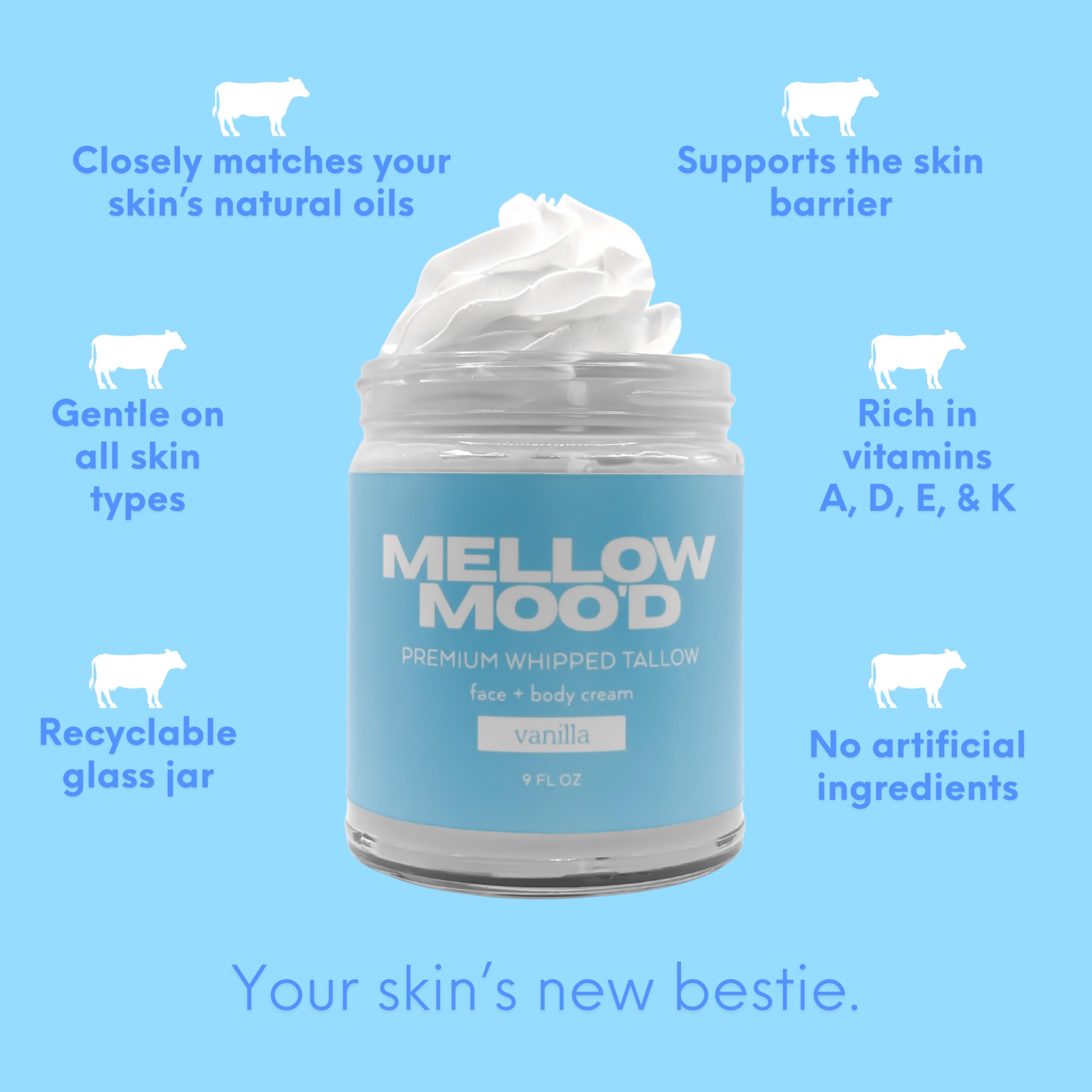 Mellow Moo'd Whipped Beef Tallow Cream — Face & Body, 9 oz, Unscented, Made in USA