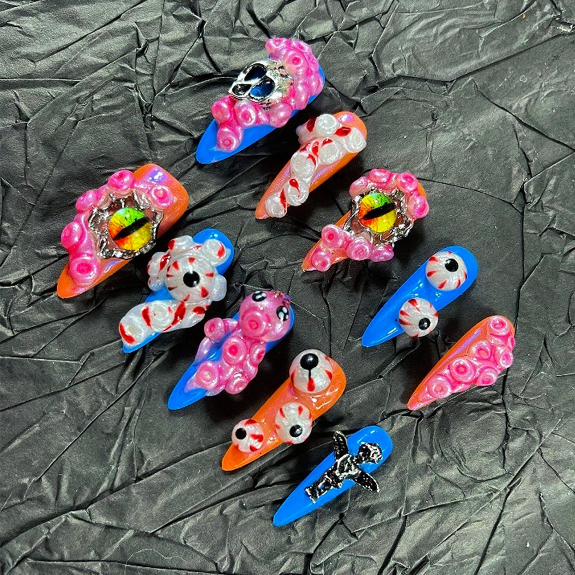 MellowBells Press on Nails – 10Pcs Blood Style Hand Carved Pink Eyes, 33mm Long, Size S