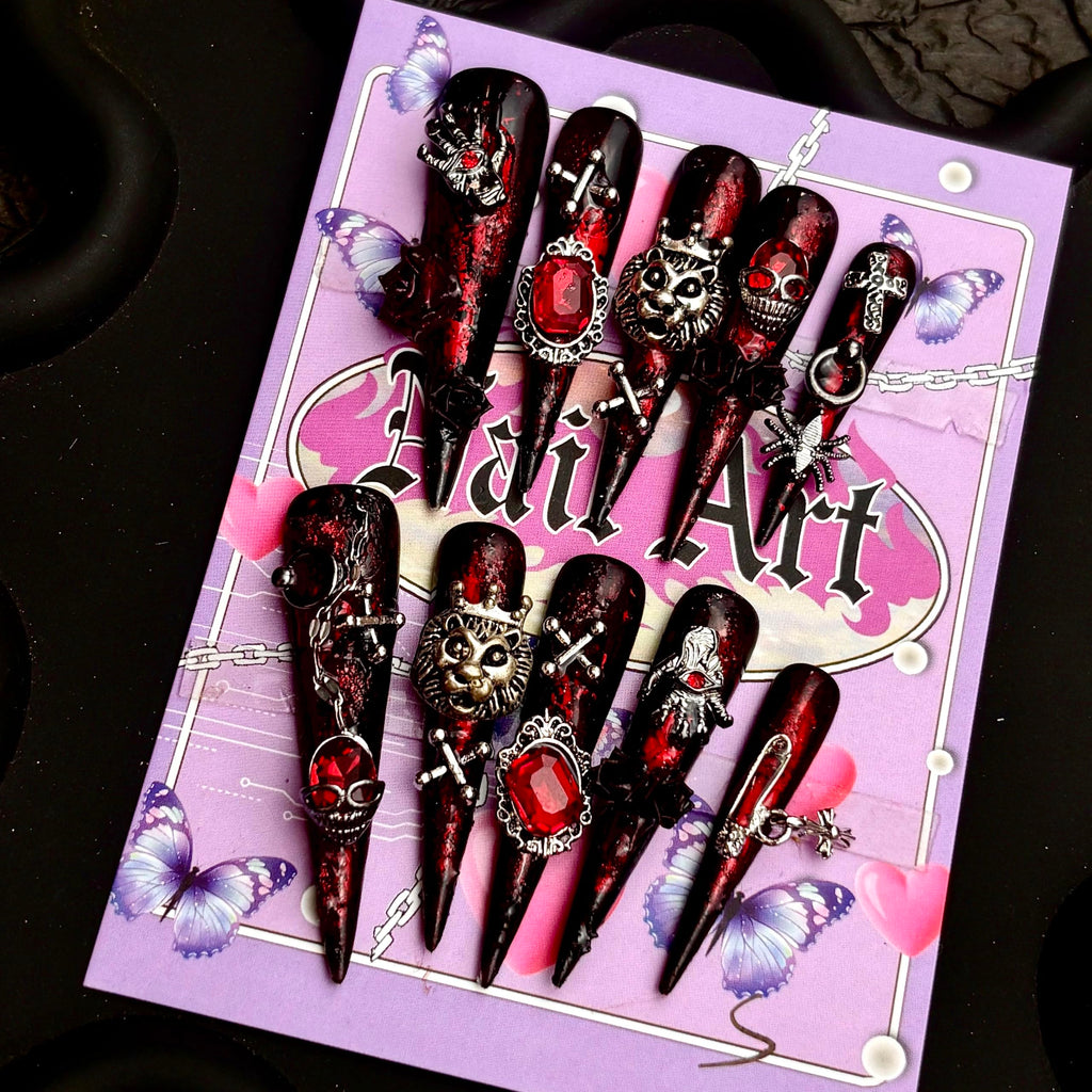 MellowBells Lize L Handmade Press-On Nails – Black Floral Baroque with Chain Accents