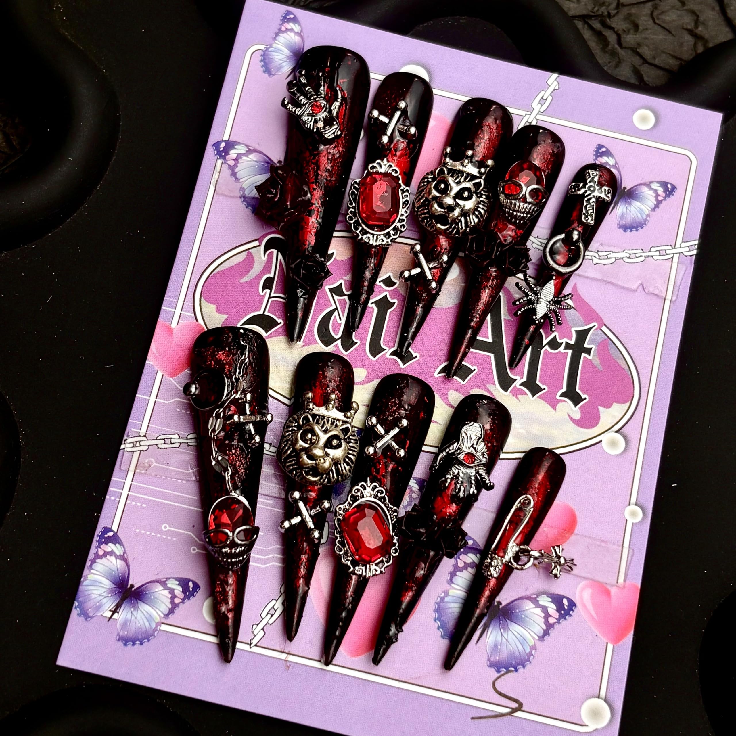 MellowBells Lize L Handmade Press-On Nails – Black Floral Baroque with Chain Accents