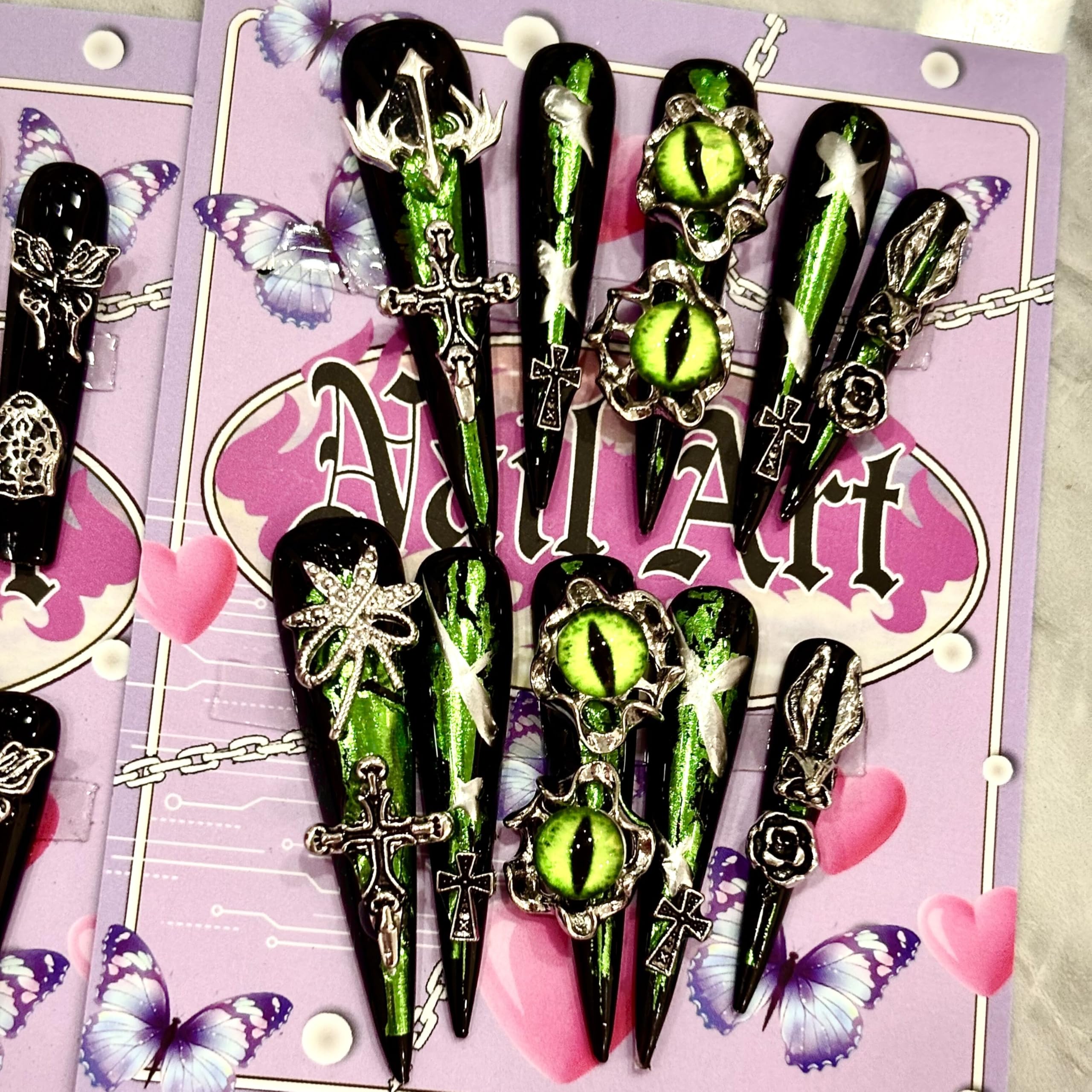 MellowBells Premium Handmade Nails - Black Gold Baroque Punk with Hex Nuts (Lize L)