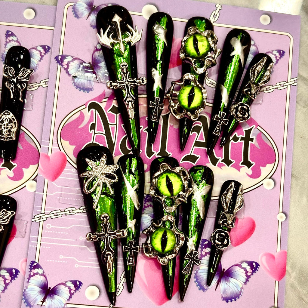 MellowBells Premium Handmade Fake Nails – Black Gold Baroque Punk with Hex Nuts (Size S)