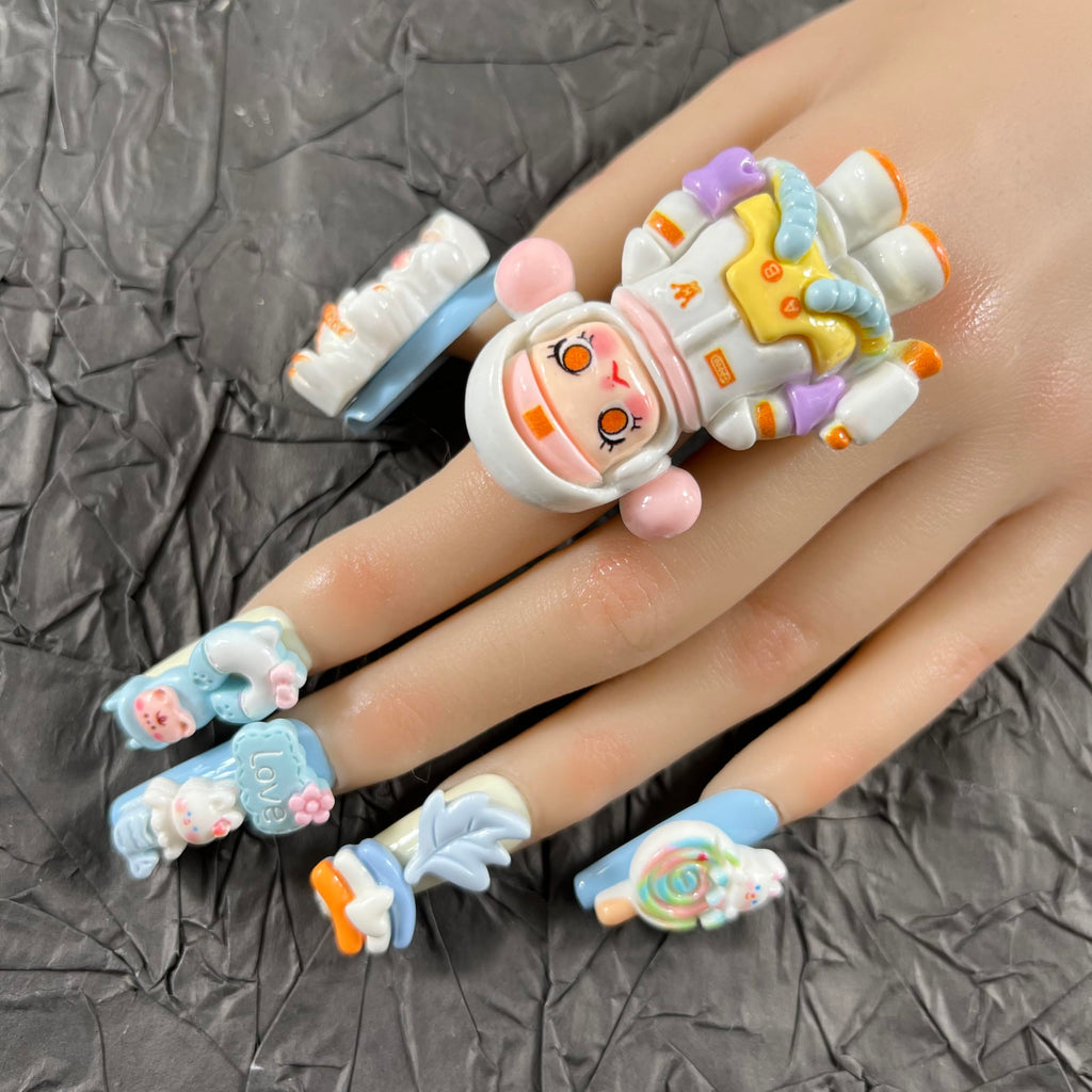 MellowBells Press On Nails – Handmade Blue Nails with Ring Styling, 10Pcs, 33mm Long, Party Ready