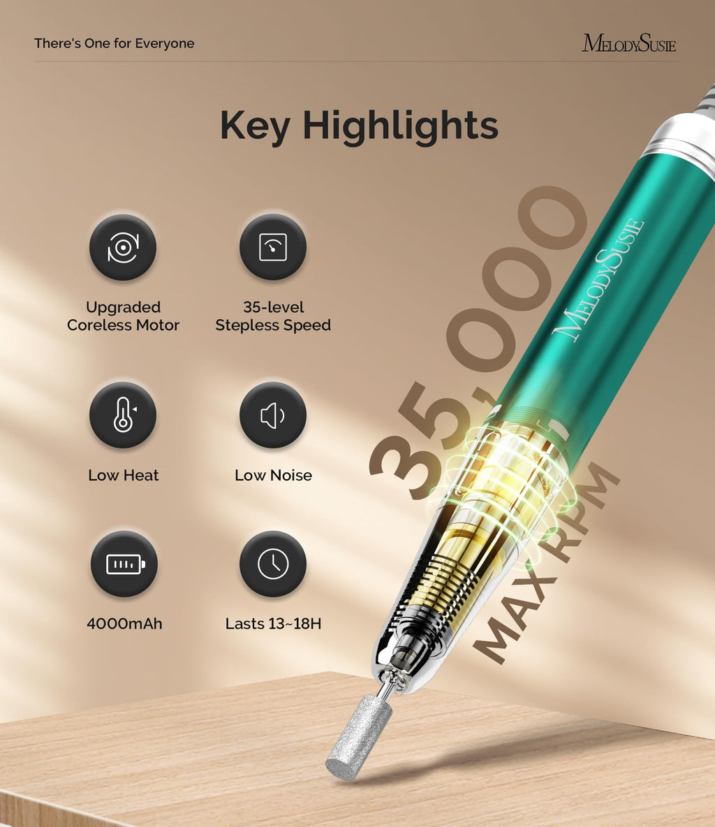 MelodySusie MM400C Pro Clip-On Nail Drill: 35000 RPM, Rechargeable Cordless Electric File